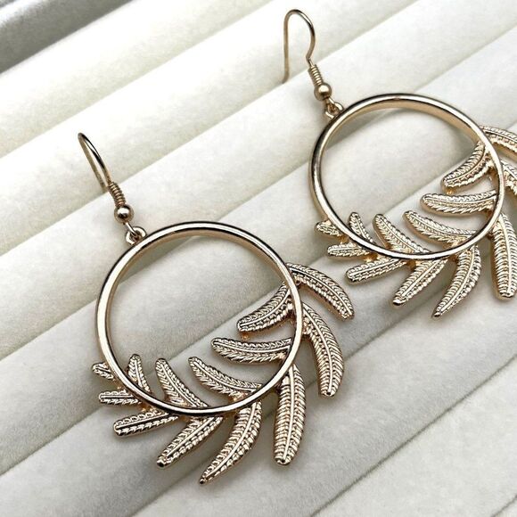 Yellow Gold Round Circular Open Hoop Fern Leaf Dangling Drop Hook Earrings - Picture 5 of 8